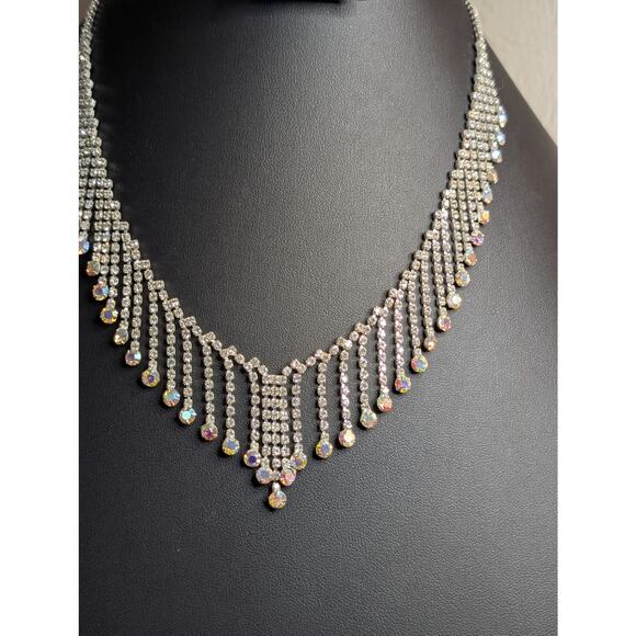 Rhinestone AB Crystal Fringe Dangle Silver Tone 17"-18" Necklace - Picture 9 of 10